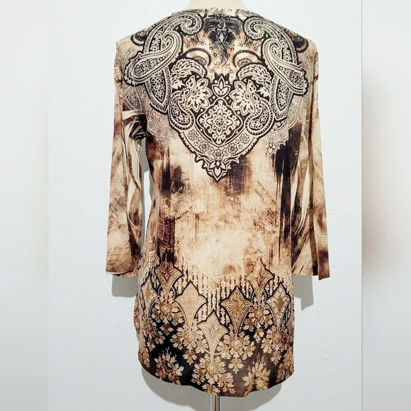 Chico's (1) Womans Tunic Top Jeweled/Beaded Brown Paisley Made In USA Size Small - Picture 5 of 13